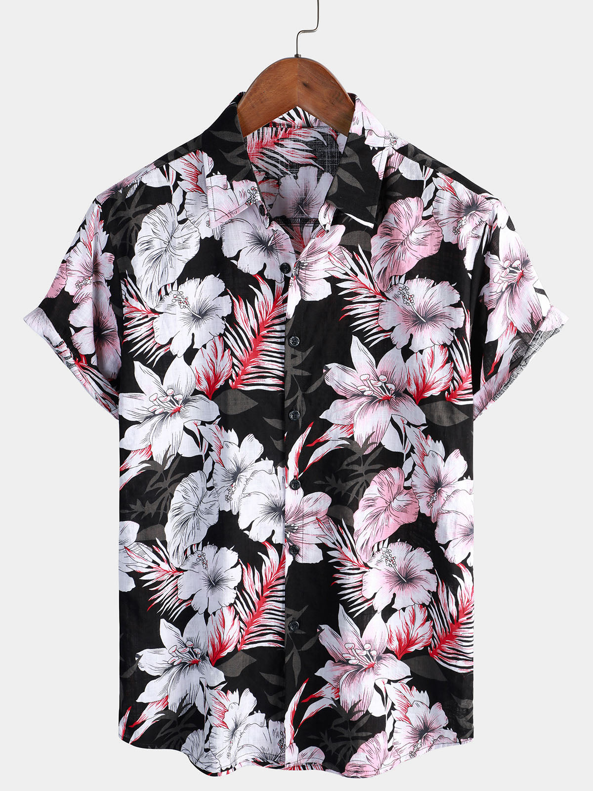 Men's Tropical Pink Floral Button Up Hibiscus Summer Holiday Beach Hawaiian Short Sleeve Shirt