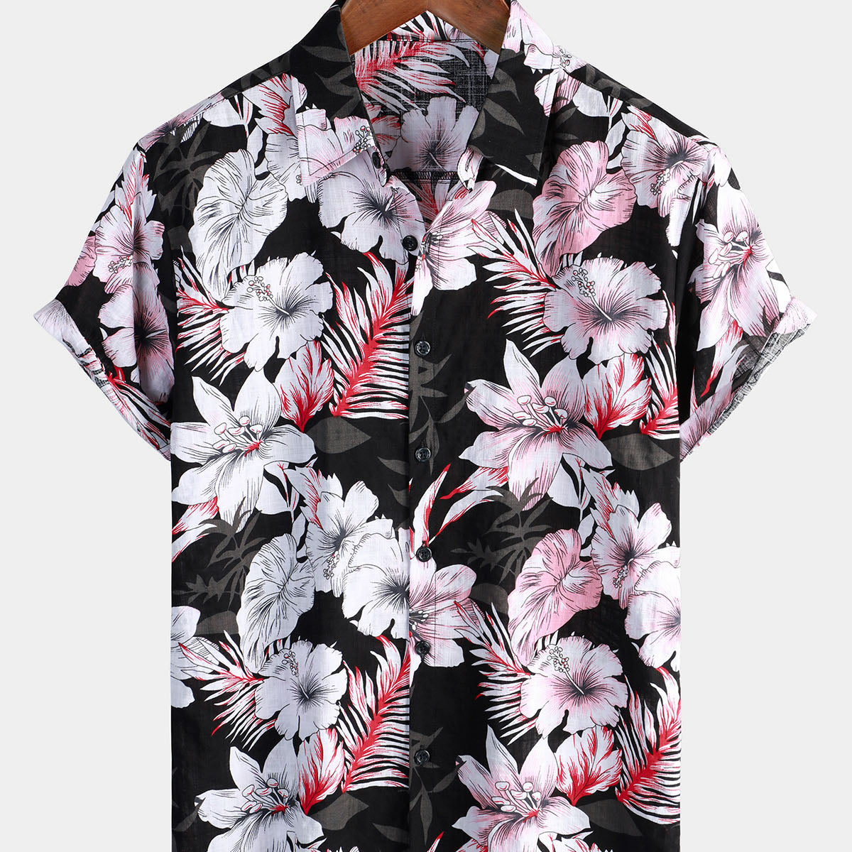 Men's Tropical Pink Floral Button Up Hibiscus Summer Holiday Beach Hawaiian Short Sleeve Shirt