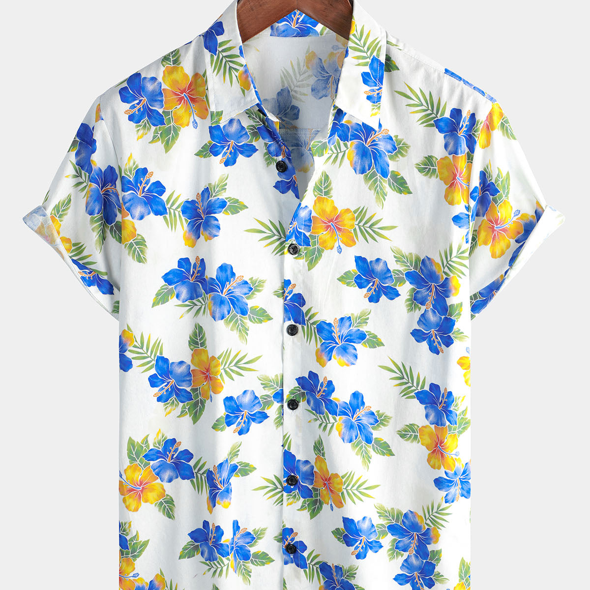 Men's Cotton Floral Hawaiian Button Up Tropical Casual Summer Hibiscus Flower Short Sleeve Shirt