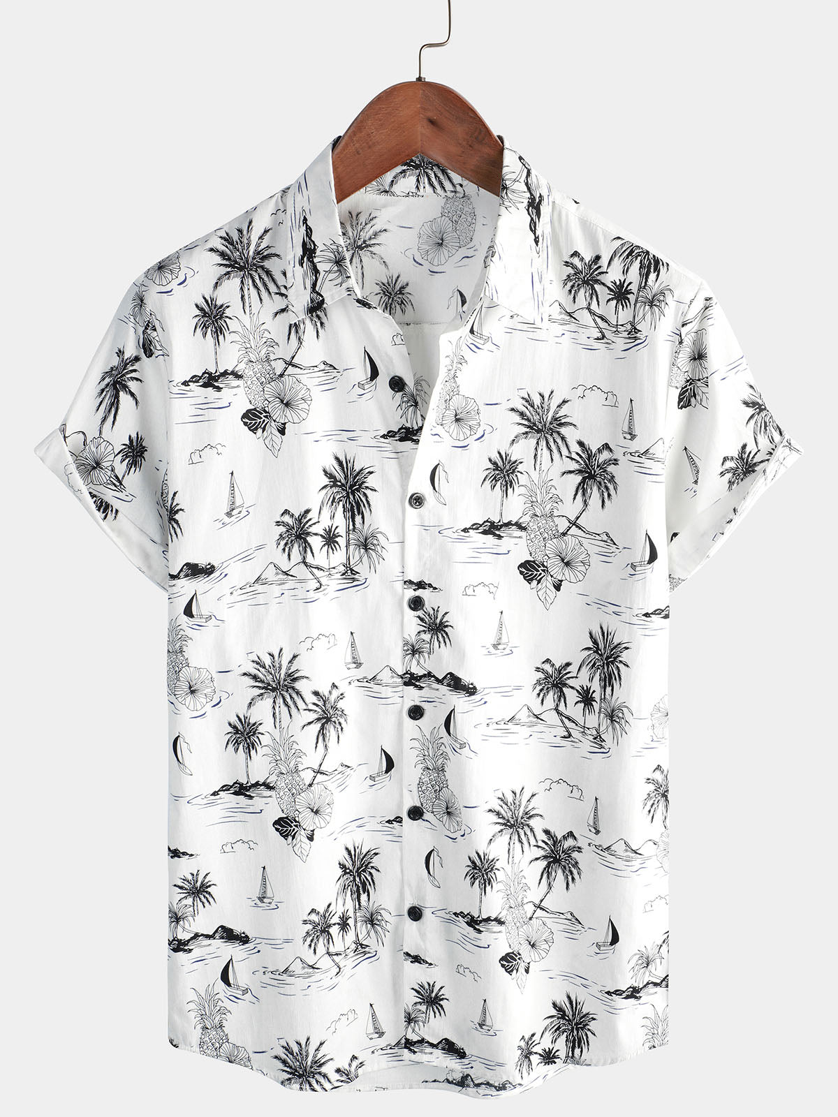 Men's Tropical Pineapple Palm Tree Print Aloha Short Sleeve White Hawaiian Shirt