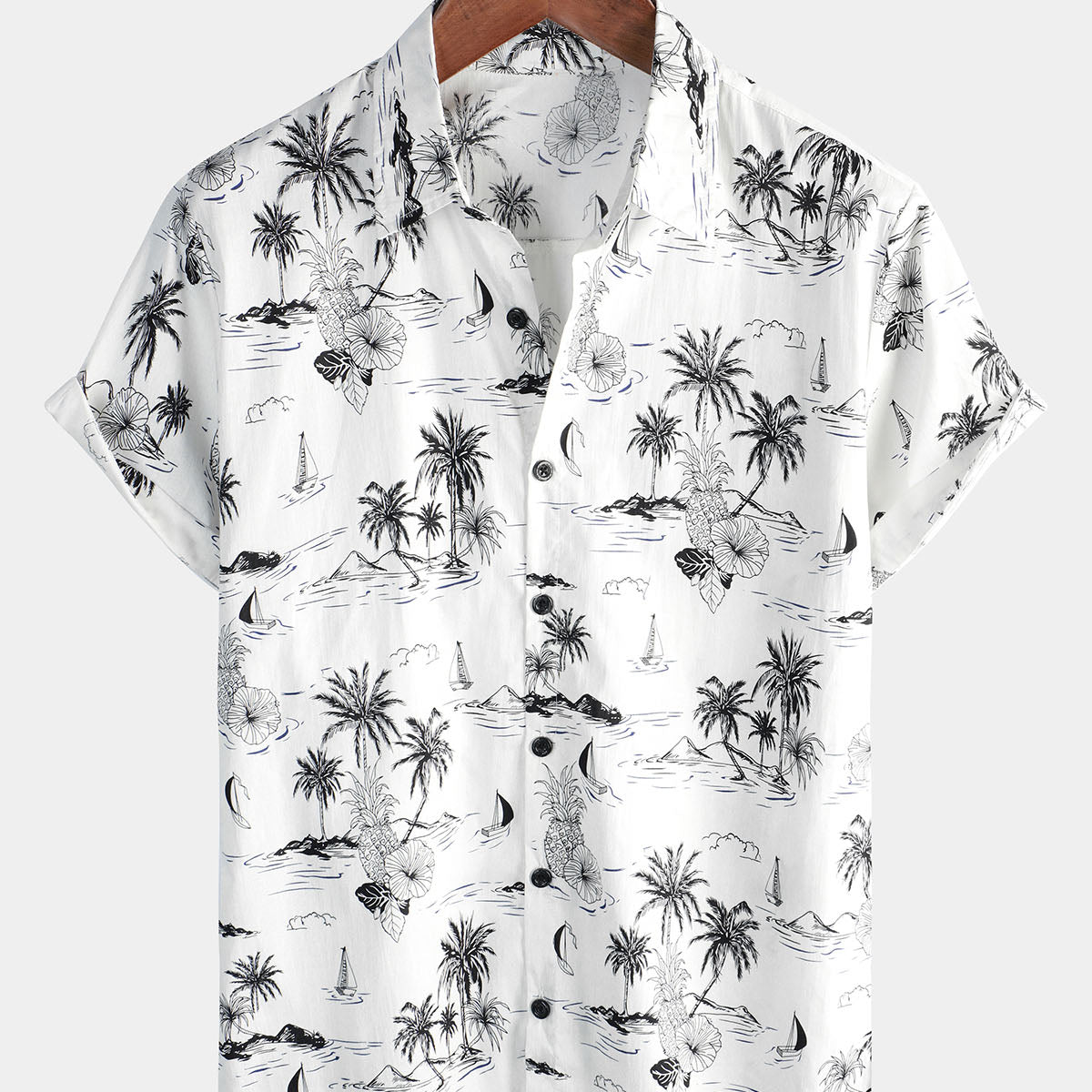 Men's Tropical Pineapple Palm Tree Print Aloha Short Sleeve White Hawaiian Shirt