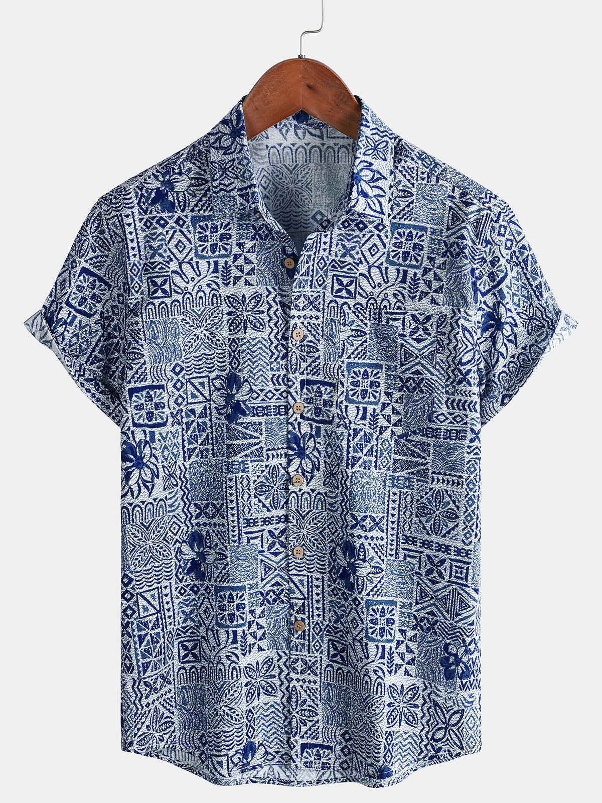 Men’s Summer Beach Vintage Blue Geometric Cotton Casual Breathable Short Sleeve Shirt