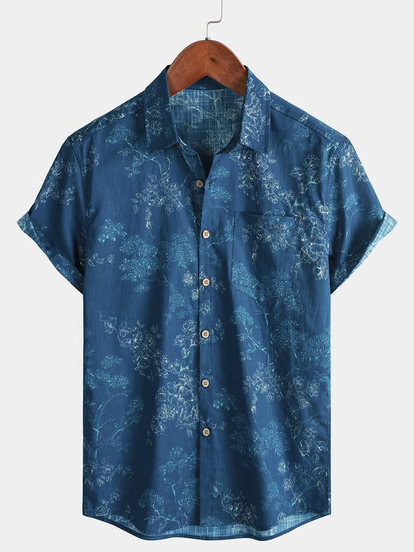 Men's Blue Floral Print Holiday Cotton Summer Short Sleeve Shirt