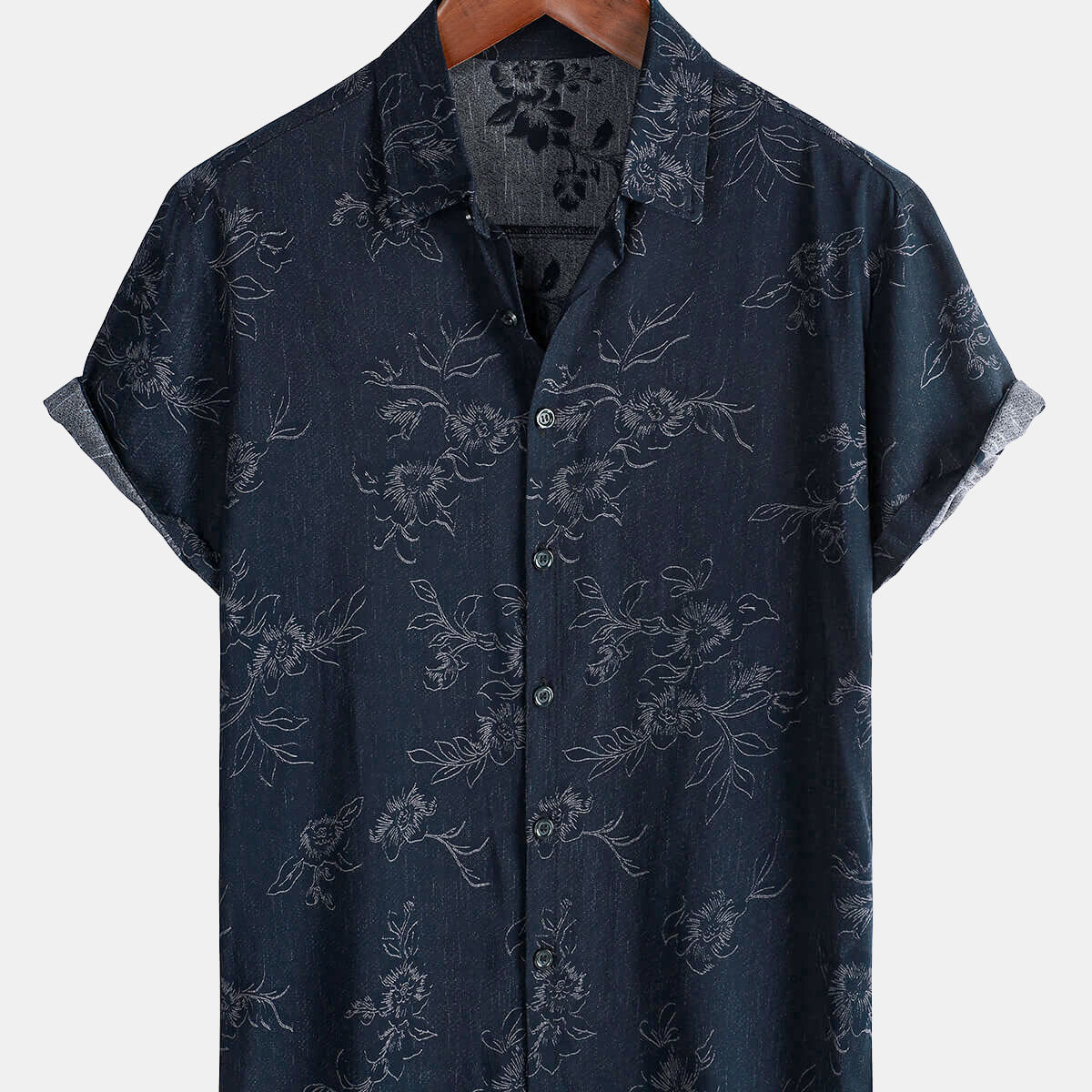 Men's Floral Holiday Casual Summer Short Sleeve Navy Blue Button Up Shirt
