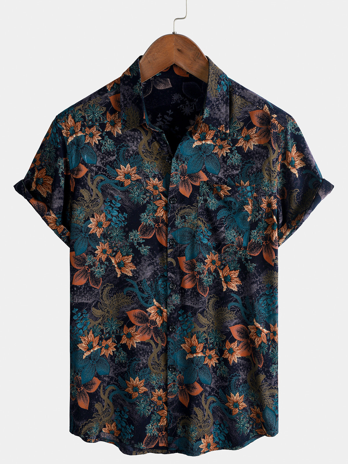 Men's Retro Floral Print Button Vintage Short Sleeve Shirt