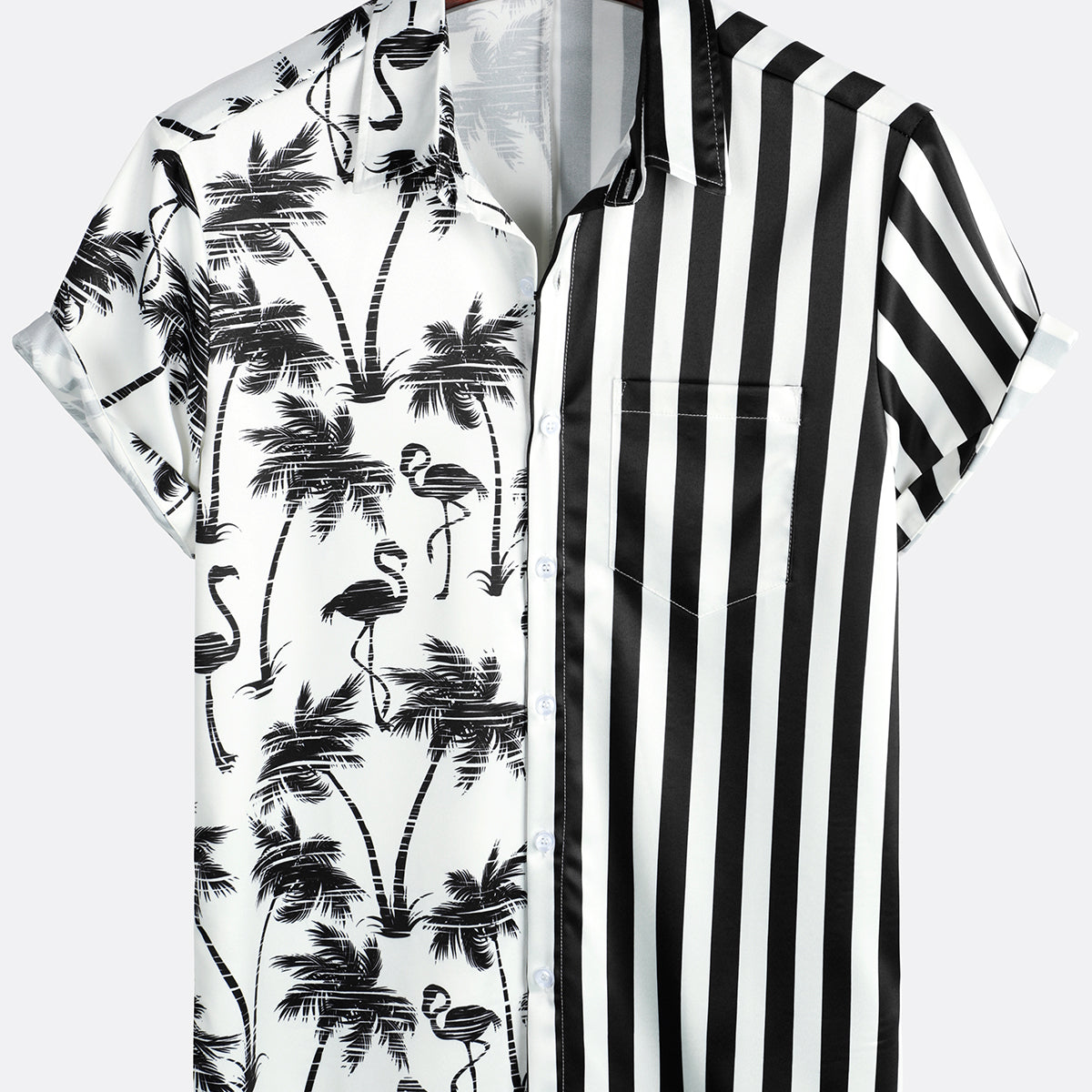 Men's Tropical Flamingo Print Black White Striped Pocket Summer Hawaiian Short Sleeve Shirt