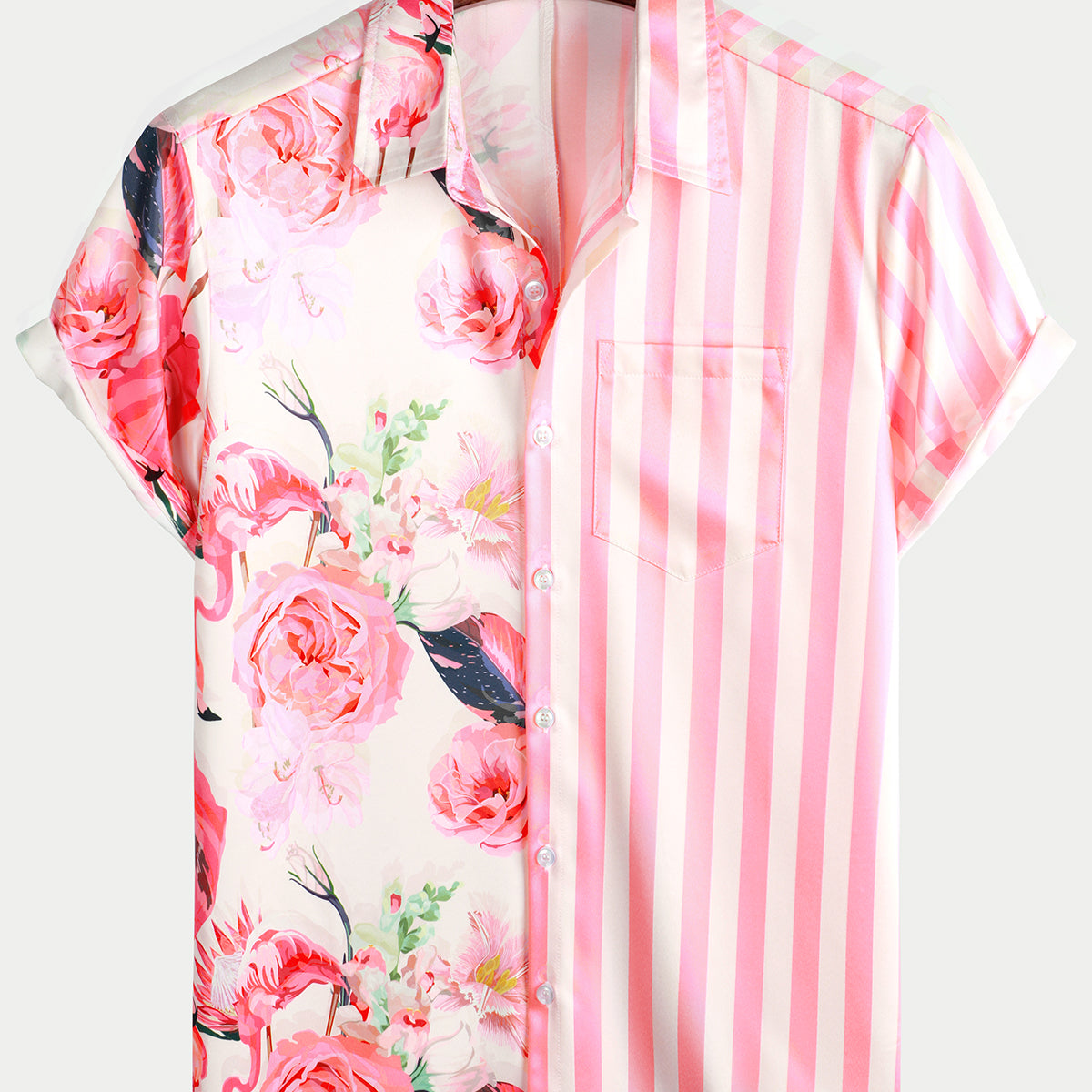 Men's Tropical Flamingo Pink Striped Print Pocket Hawaiian Short Sleeve Shirt
