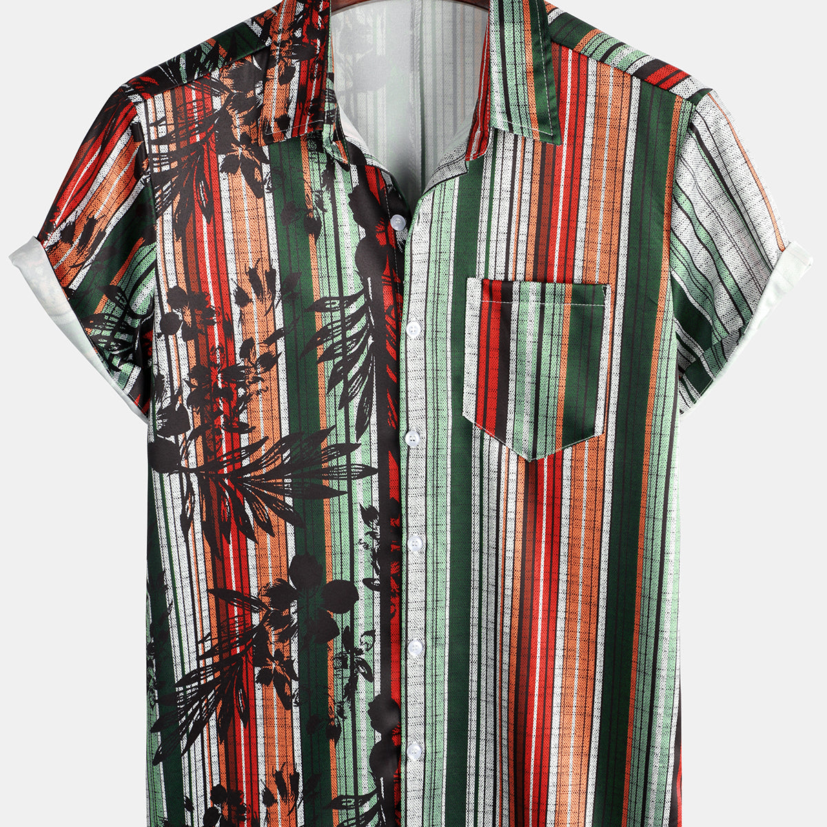 Men's Summer Tropical Print Striped Pocket Hawaiian Beach Short Sleeve Shirt