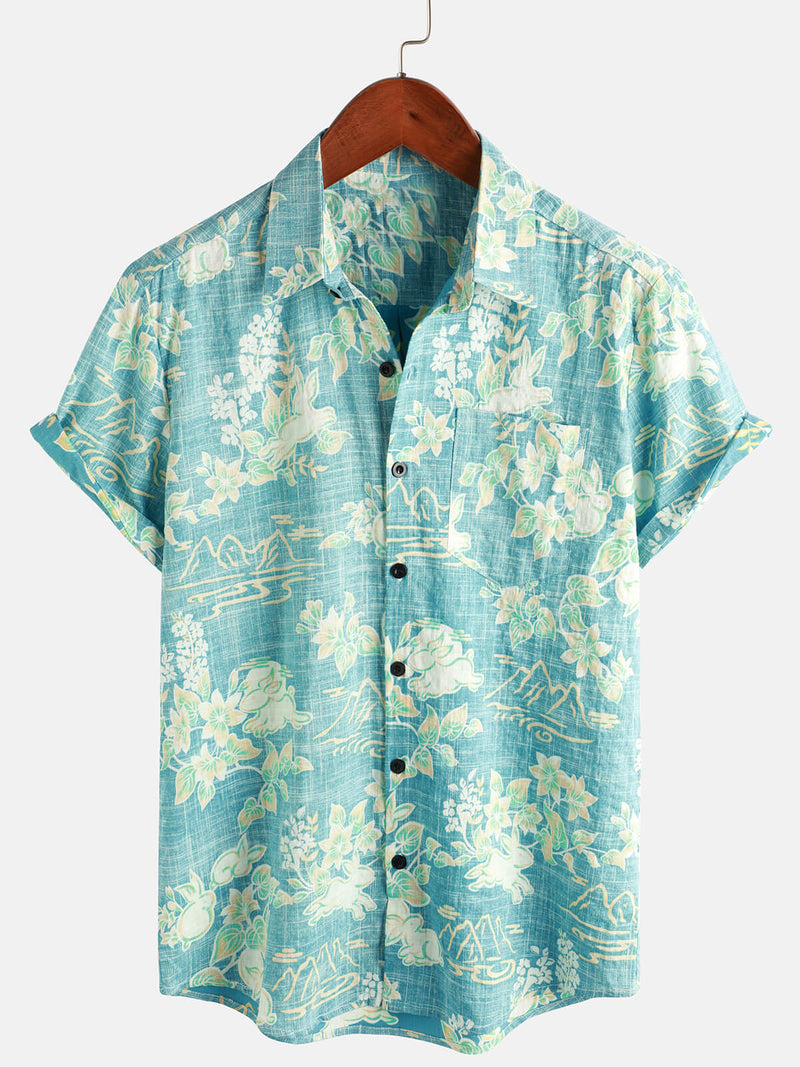 Men's Vintage Hawaiian Tropical Floral Print Pocket Beach Summer Short Sleeve Button Shirt
