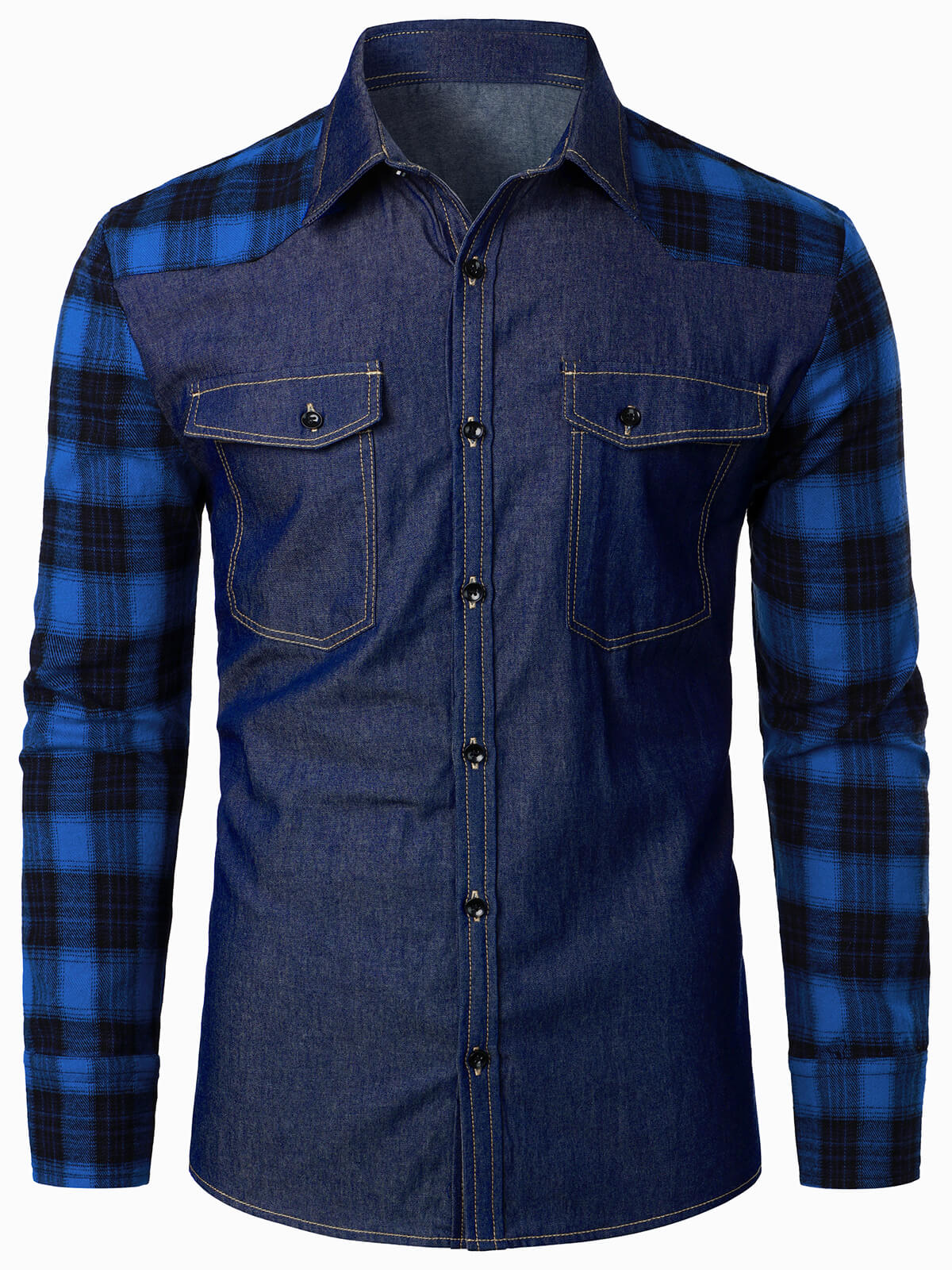 Men's Plaid Flannel Patchwork Denim Casual Button Up Long Sleeve Shirt