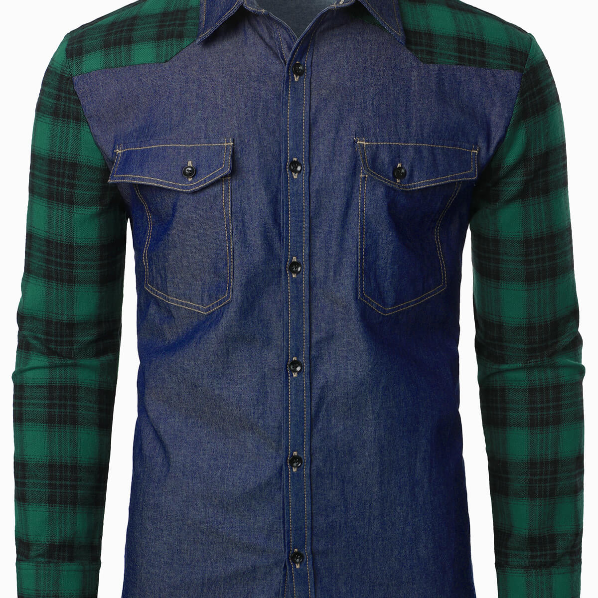 Men's Casual Plaid Flannel Patchwork Denim Button Up Long Sleeve Shirt