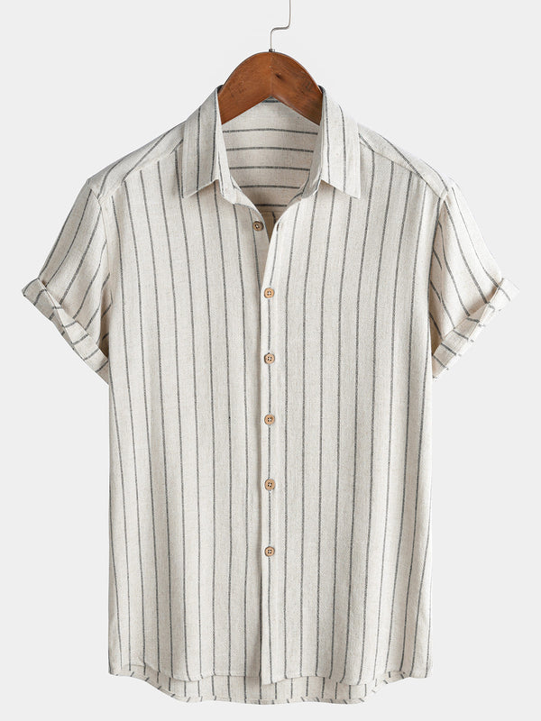 Men's Beige Stripe Linen Casual Short Sleeve Shirt