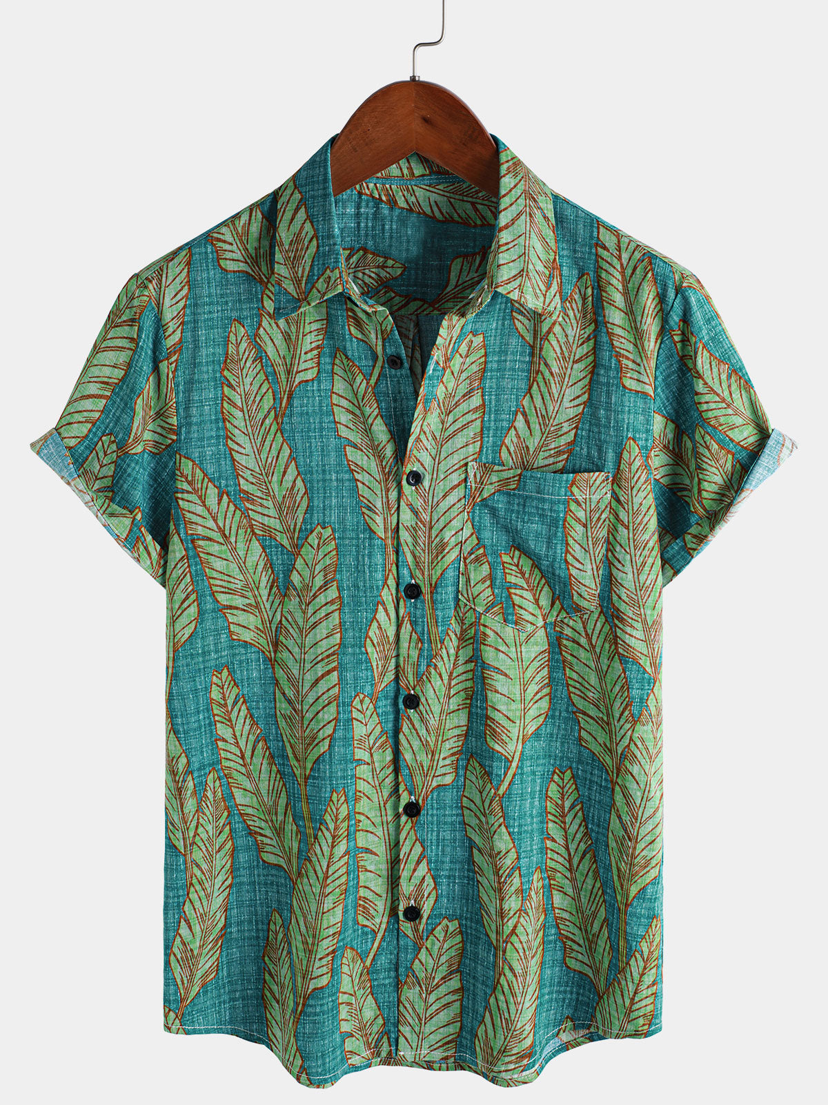 Men's Summer Green Tropical Leaf Hawaiian Short Sleeve Shirt