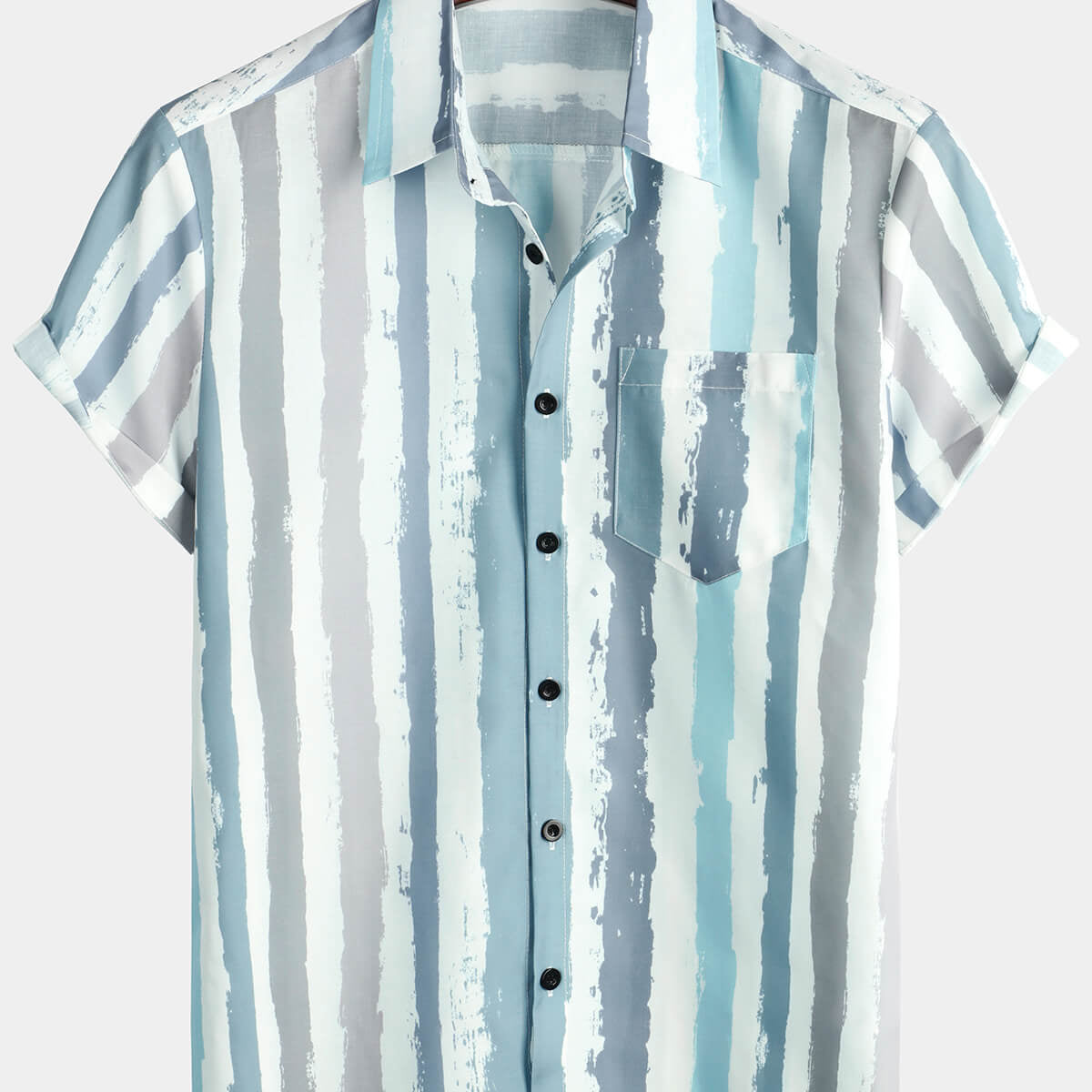 Men's Grey Striped Casual Pocket Art Button Holiday Short Sleeve Shirt