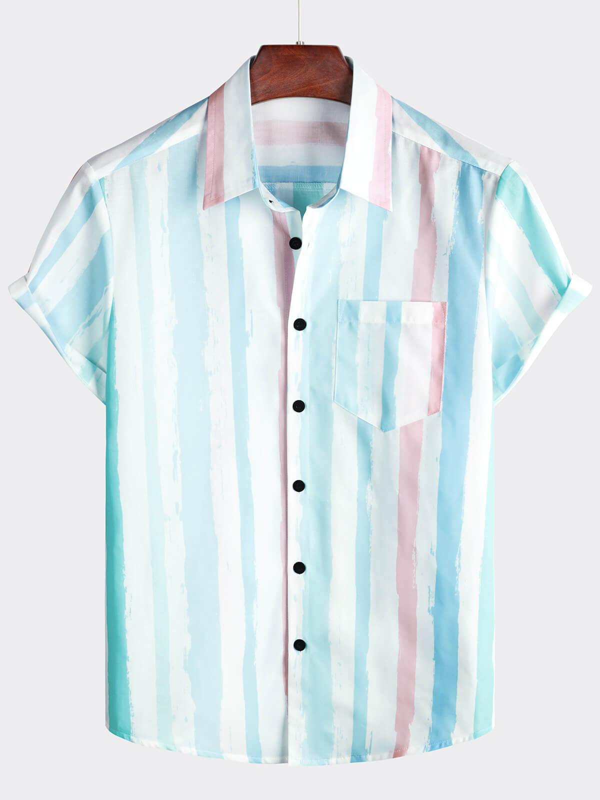 Men's Blue And Pink Striped Summer Vacation Short Sleeve Shirt