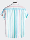 Men's Blue And Pink Striped Summer Vacation Short Sleeve Shirt