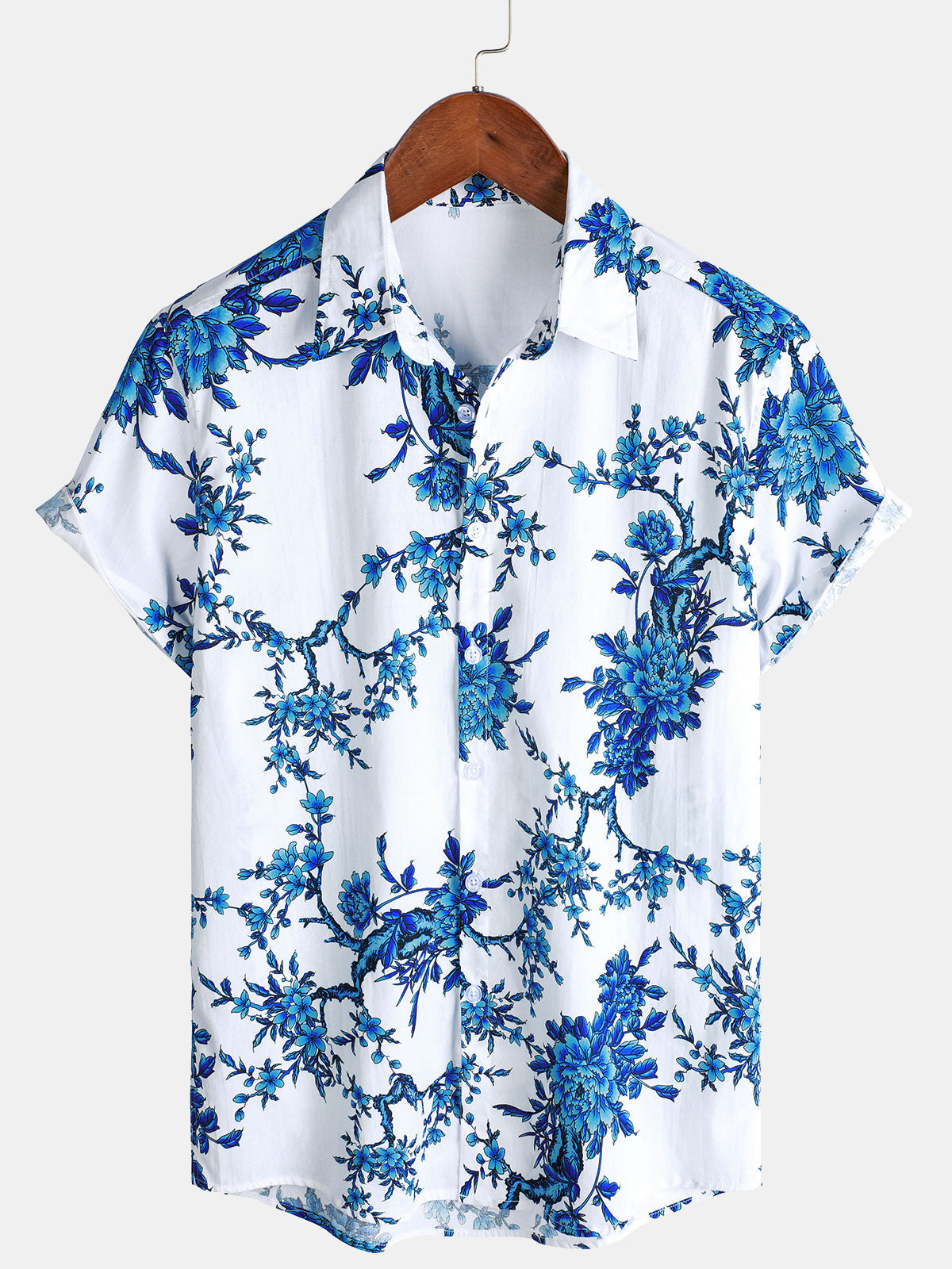 Men's Blue Blossom Holiday Cotton Short Sleeve Shirt