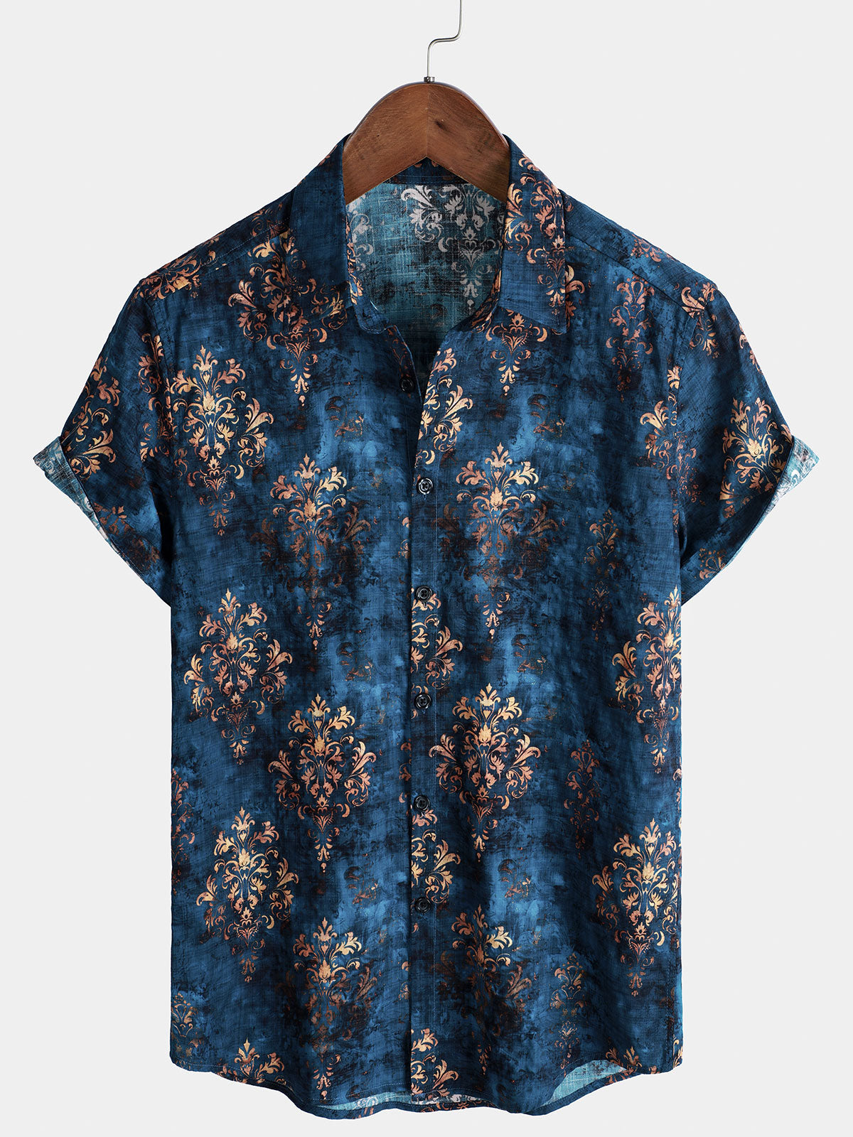 Men's Blue Retro Summer Short Sleeve Button Up Shirt