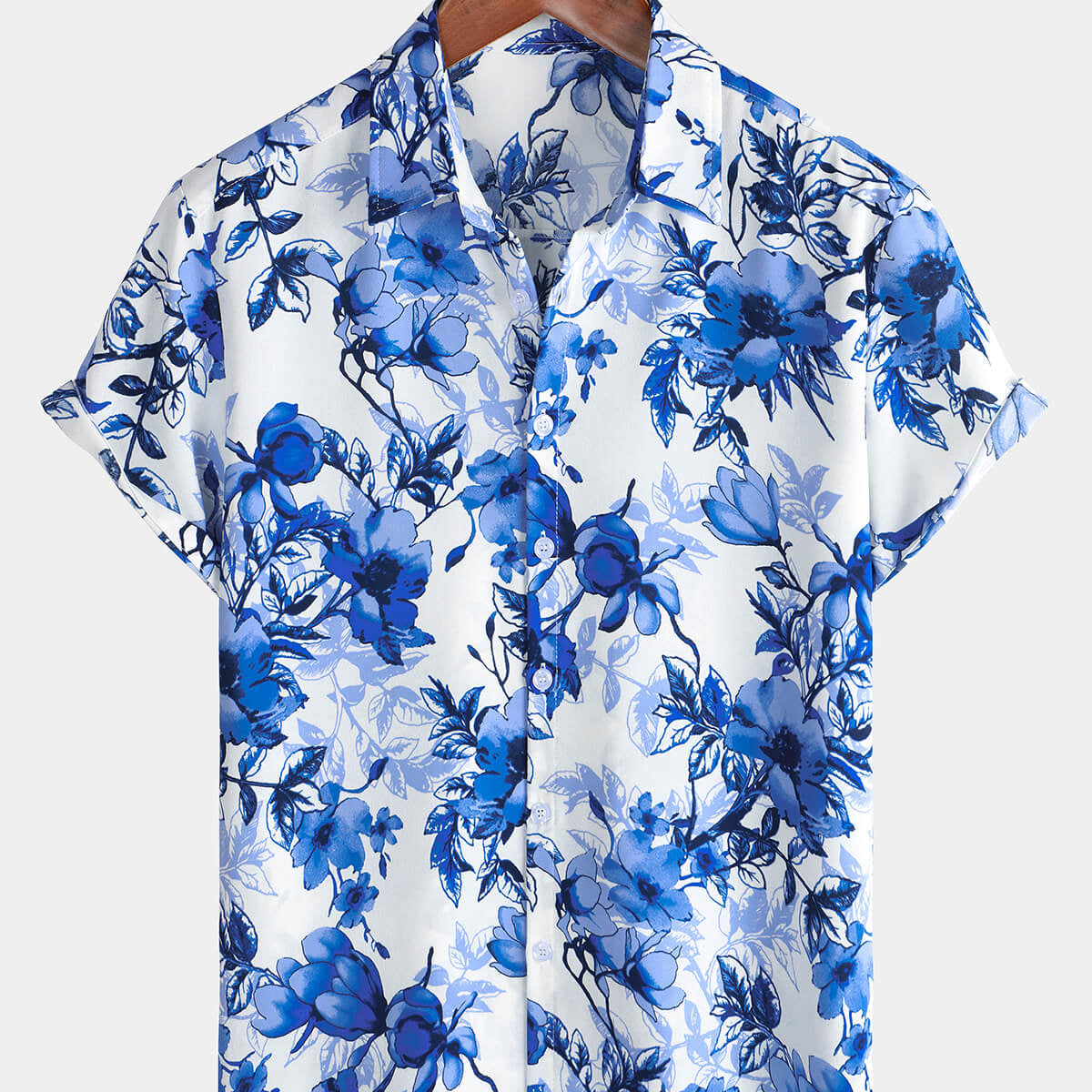 Men's Blue Vintage Floral Short Sleeve Holiday Button Up Shirt