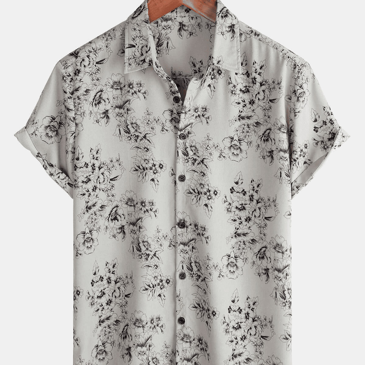Men's Grey Hawaiian Summer Floral Short Sleeve Cotton Button Up Shirt