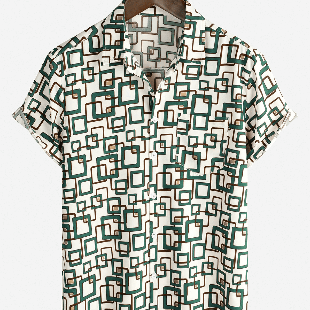 Men's Green Casual Holiday Geometrie Summer Short Sleeve Button Up Shirt