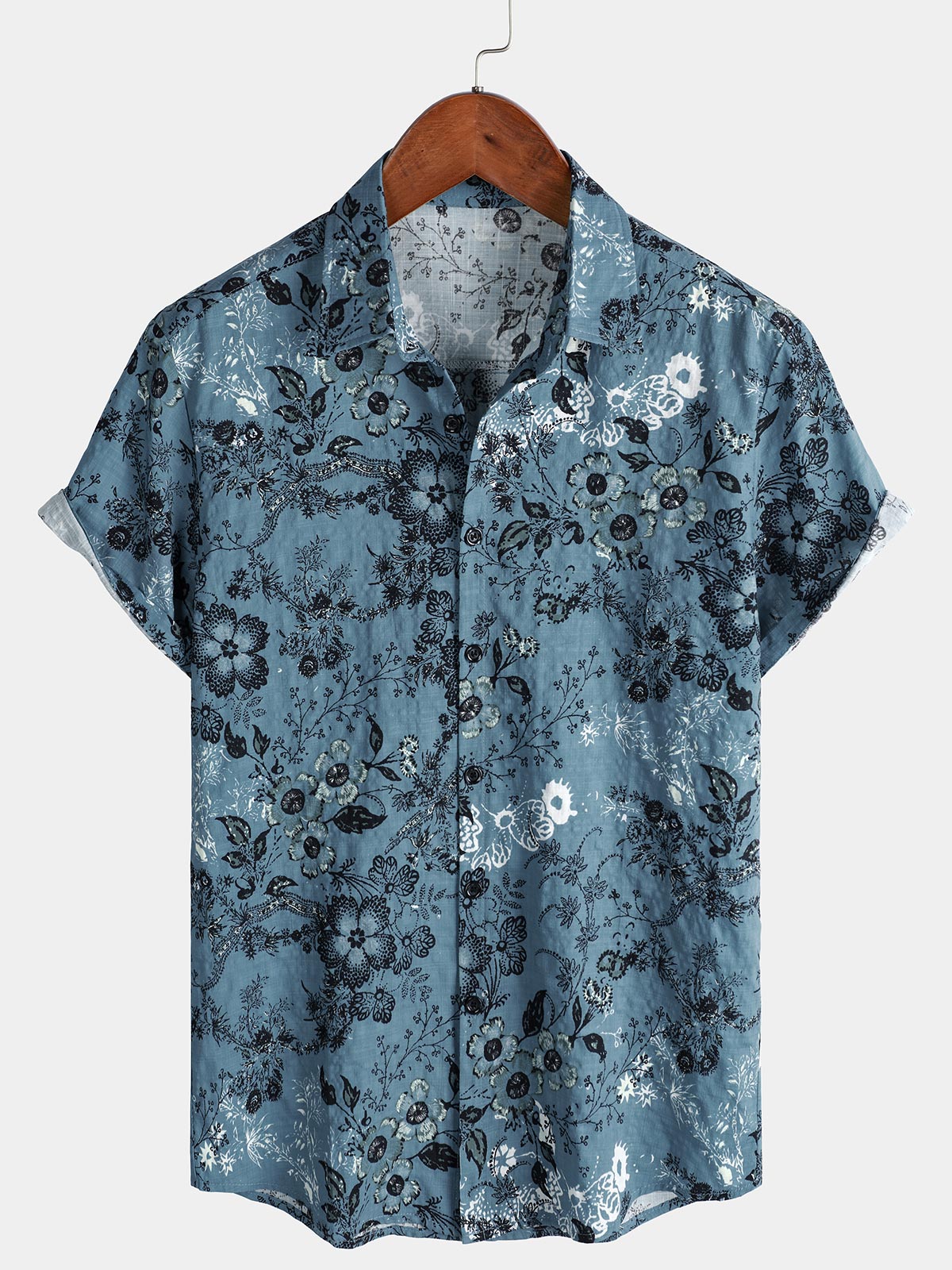 Men's Floral Print Vacation Short Sleeve Blue Shirt
