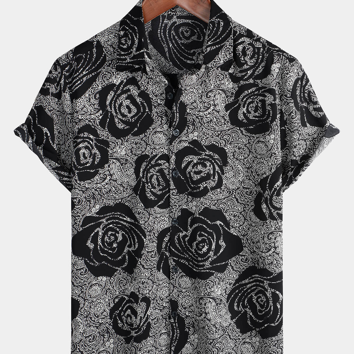 Men's Casual Rose Floral Short Sleeve Button Up Shirt