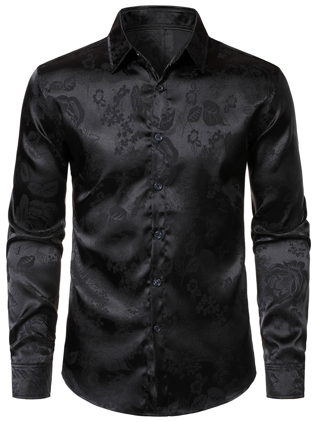 Men's Floral Jacquard Shiny Satin Black Long Sleeve Dress Shirt