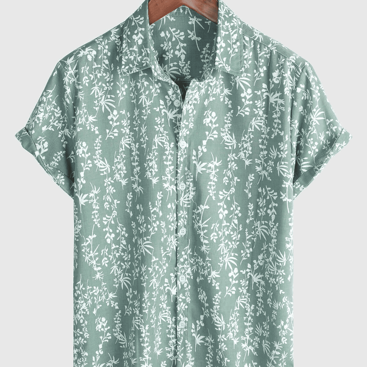 Men's Green Hawaiian Summer Floral Short Sleeve Cotton Button Up Shirt