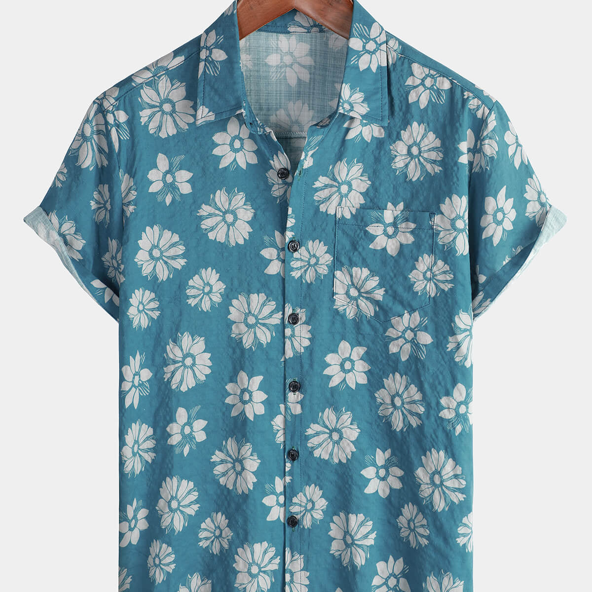 Men's Blue Floral Short Sleeve Summer Cotton Hawaiian Button Up Shirt