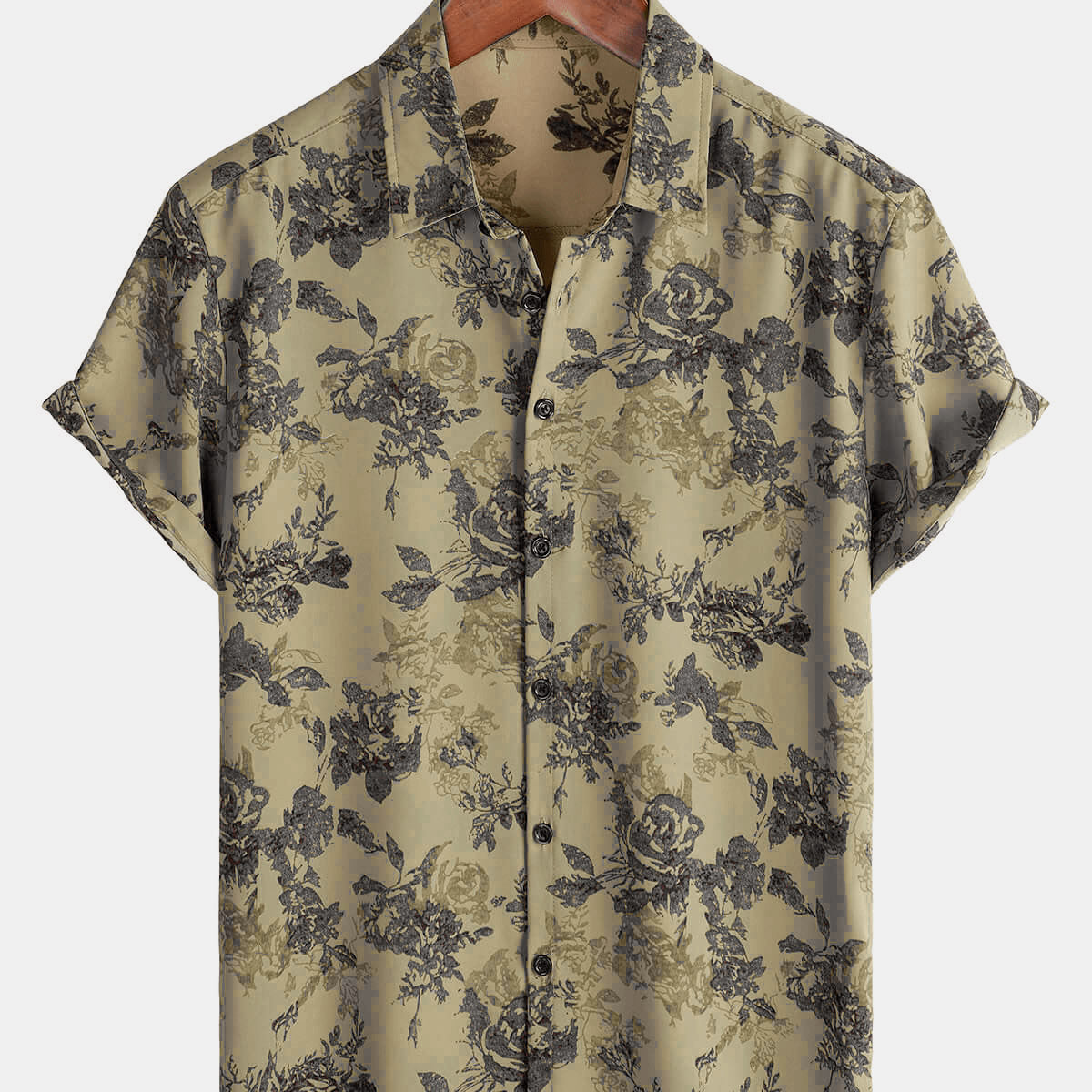 Men's Khaki Casual Rose Floral Holiday Short Sleeve Summer Button Up Shirt
