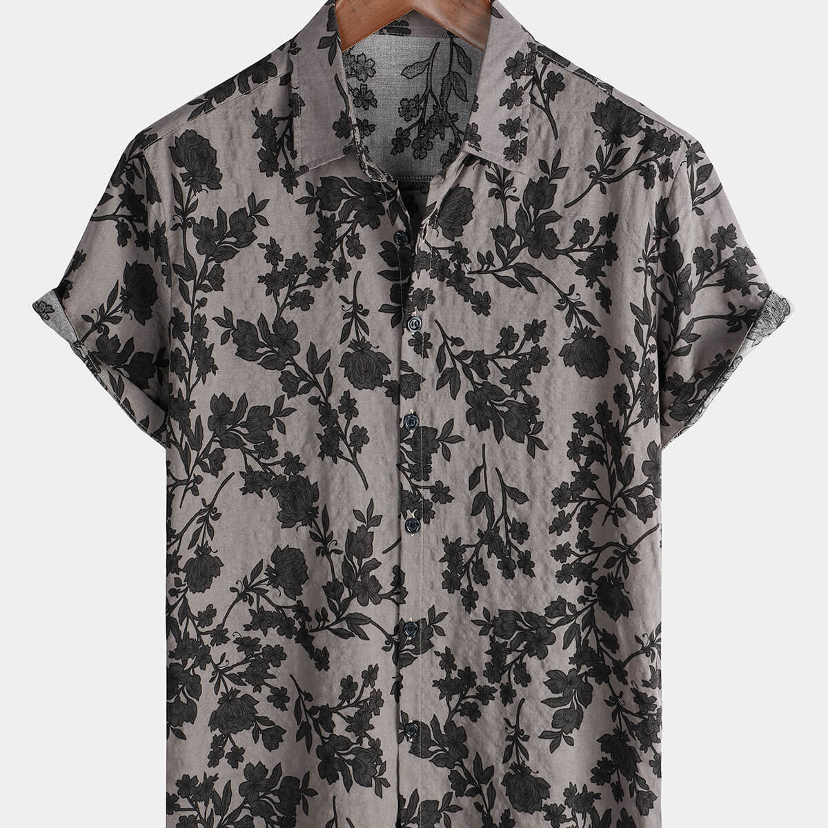 Men's Grey Floral Short Sleeve Cotton Vintage Button Up Shirt