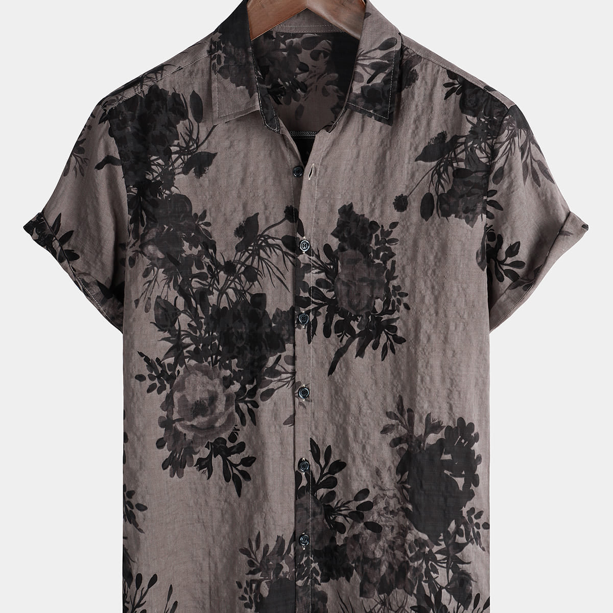 Men's Grey Summer Floral Short Sleeve Cotton Vintage Button Up Shirt