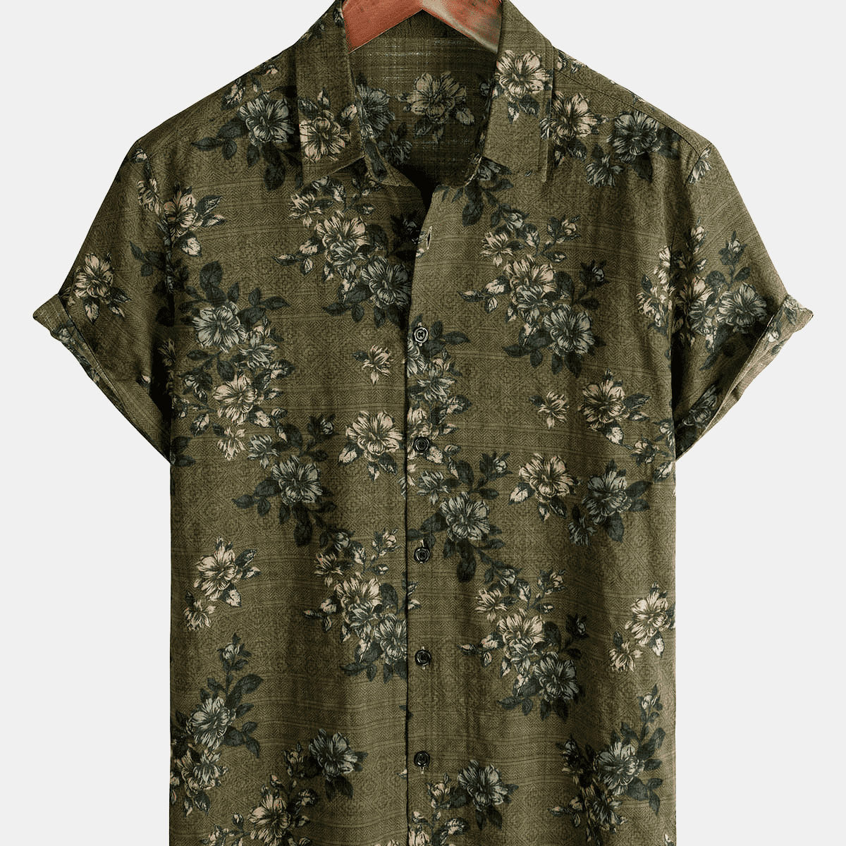 Men's Green Floral Vintage Short Sleeve Retro Summer Cotton Button Up Shirt