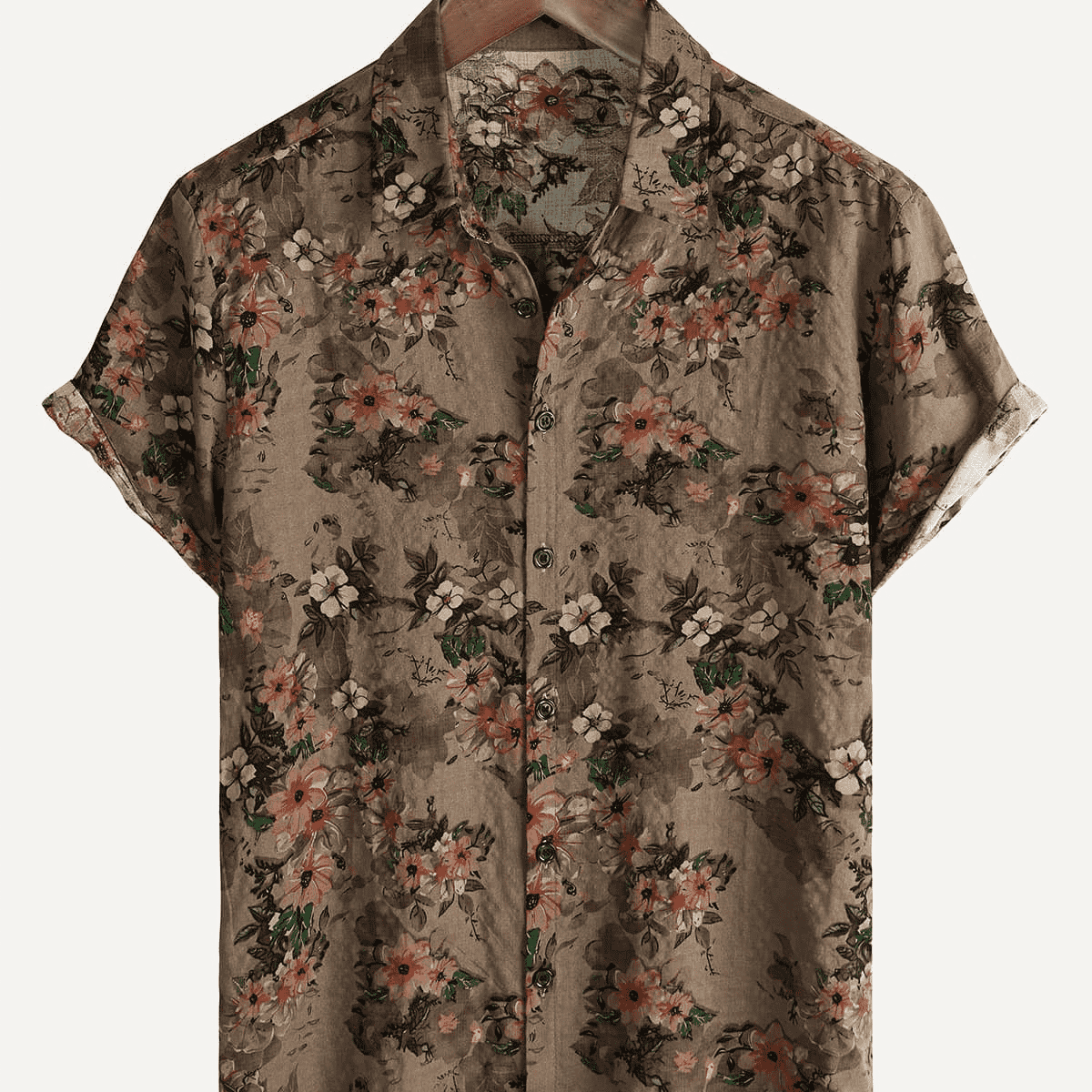 Men's Brown Floral Vintage Short Sleeve Retro Summer Cotton Button Up Shirt