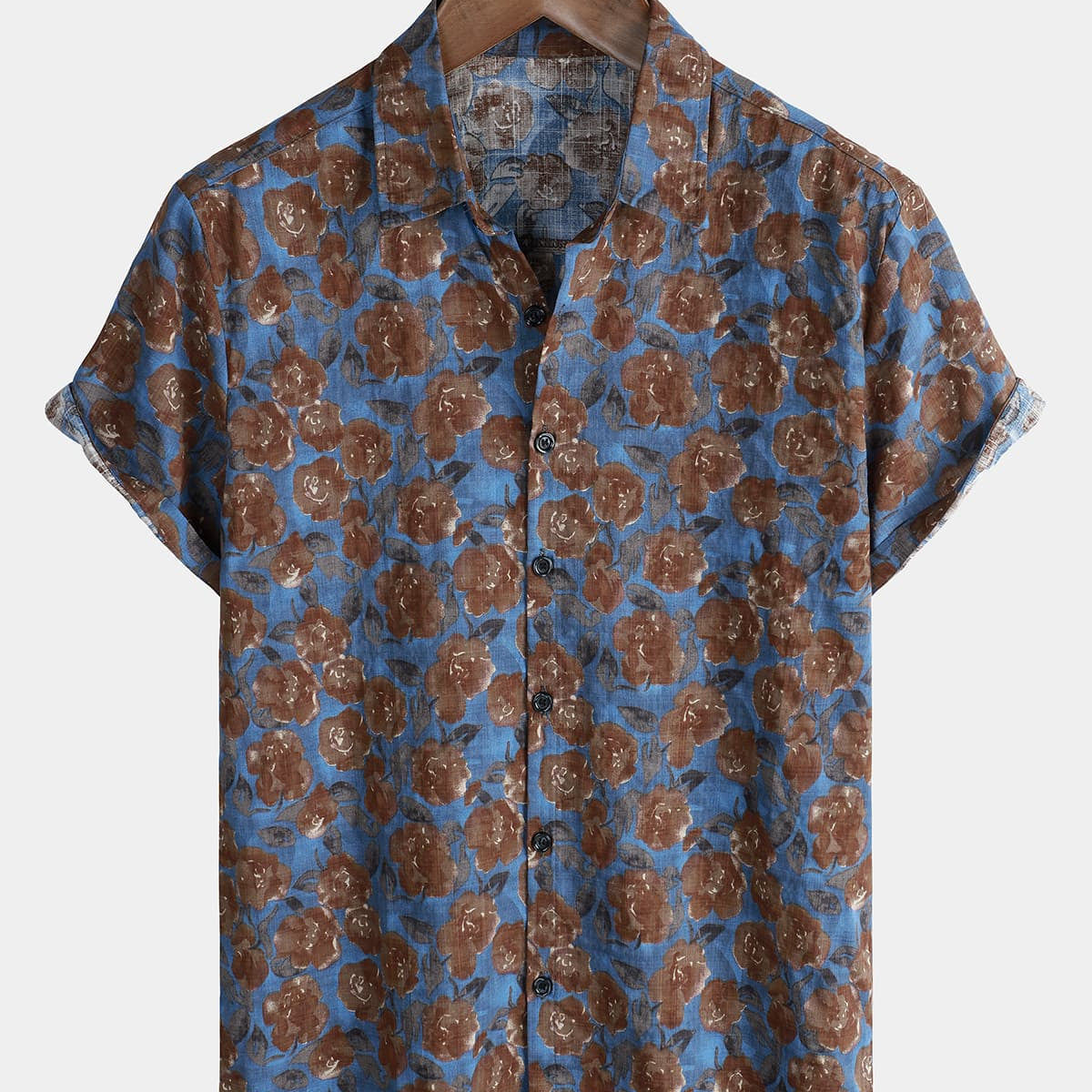 Men's Floral Blue Vintage Short Sleeve Summer Cotton Button Up Shirt