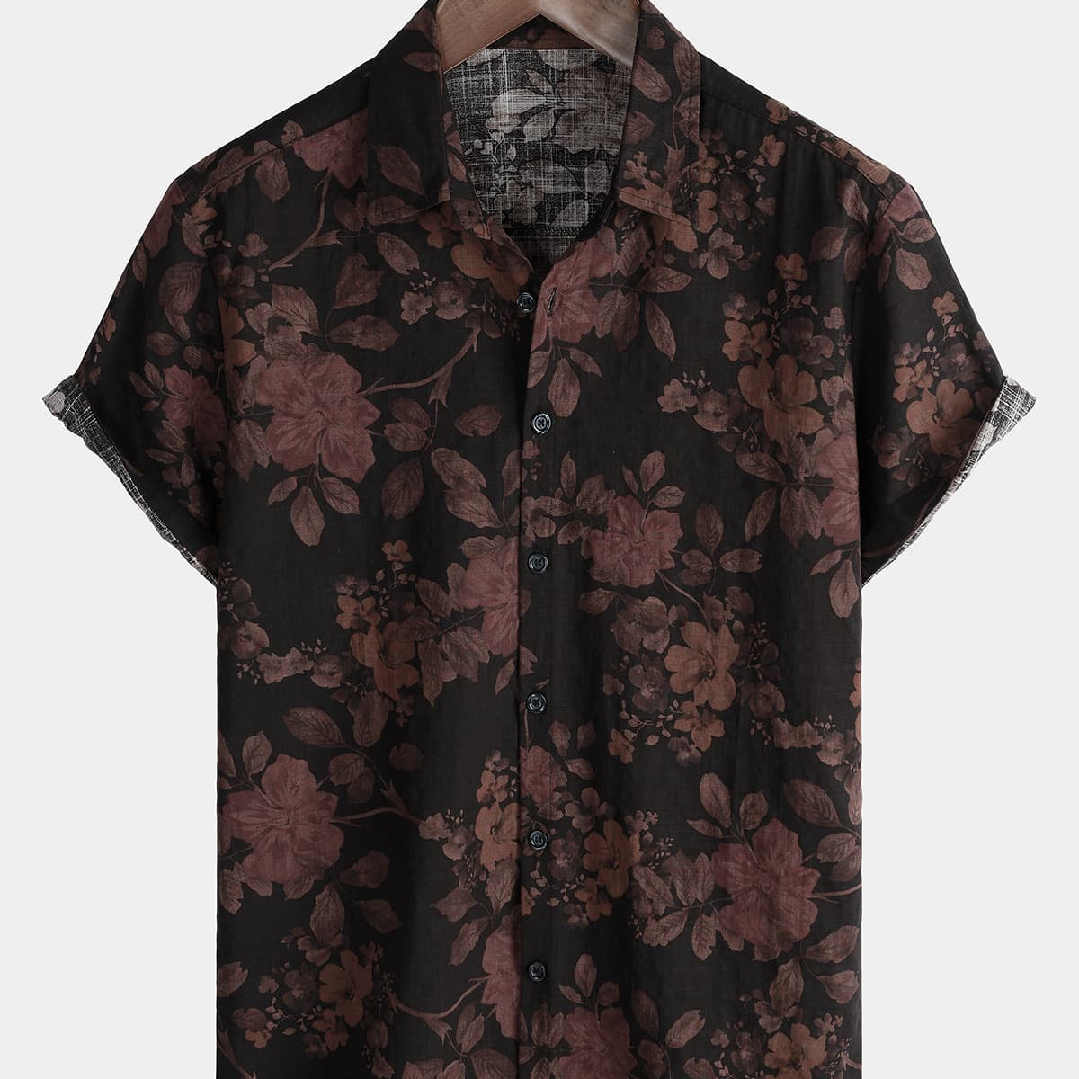 Men's Floral Vintage Short Sleeve Summer Cotton Button Up Black Shirt