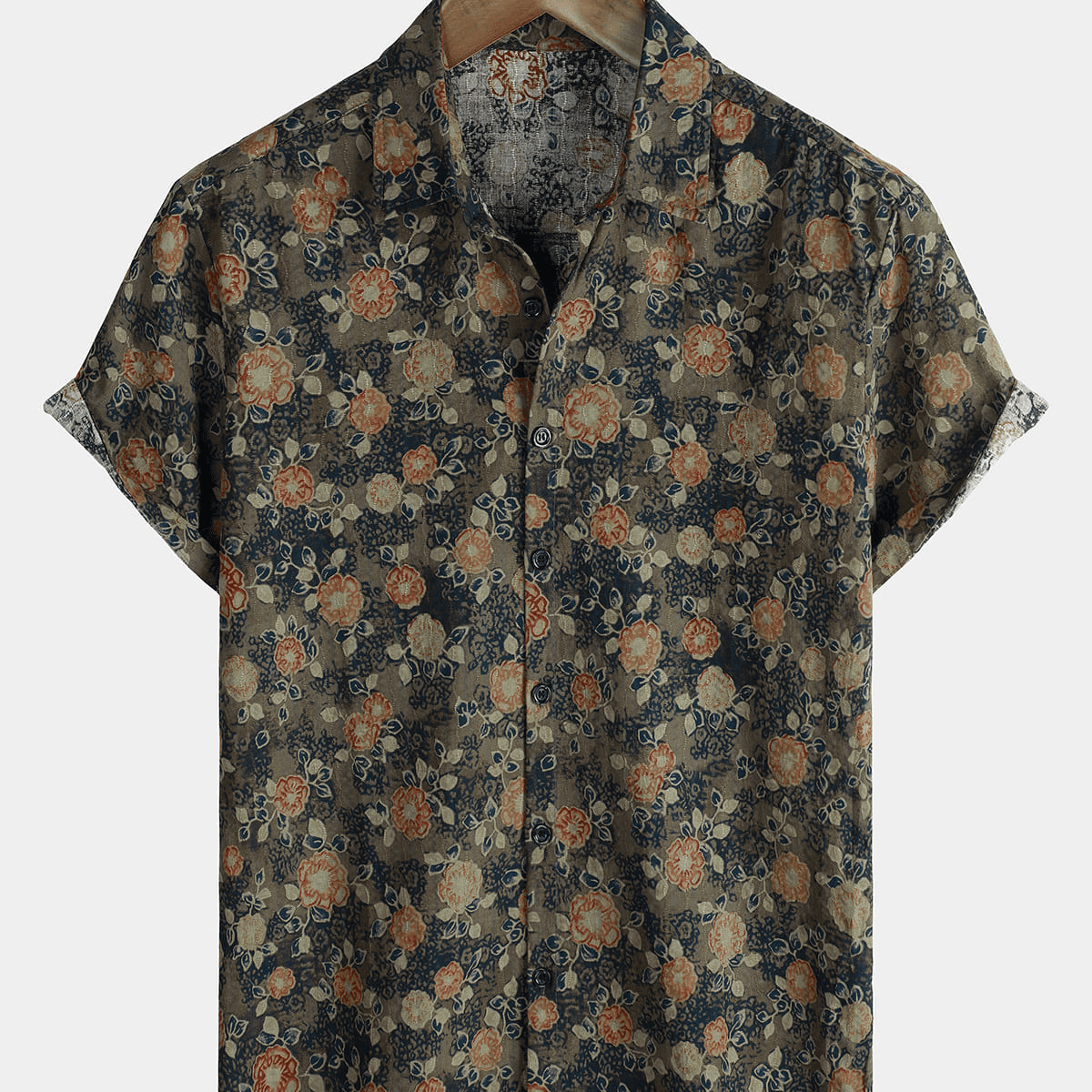 Men's Floral Jacquard Cotton Short Sleeve Button Up Shirt