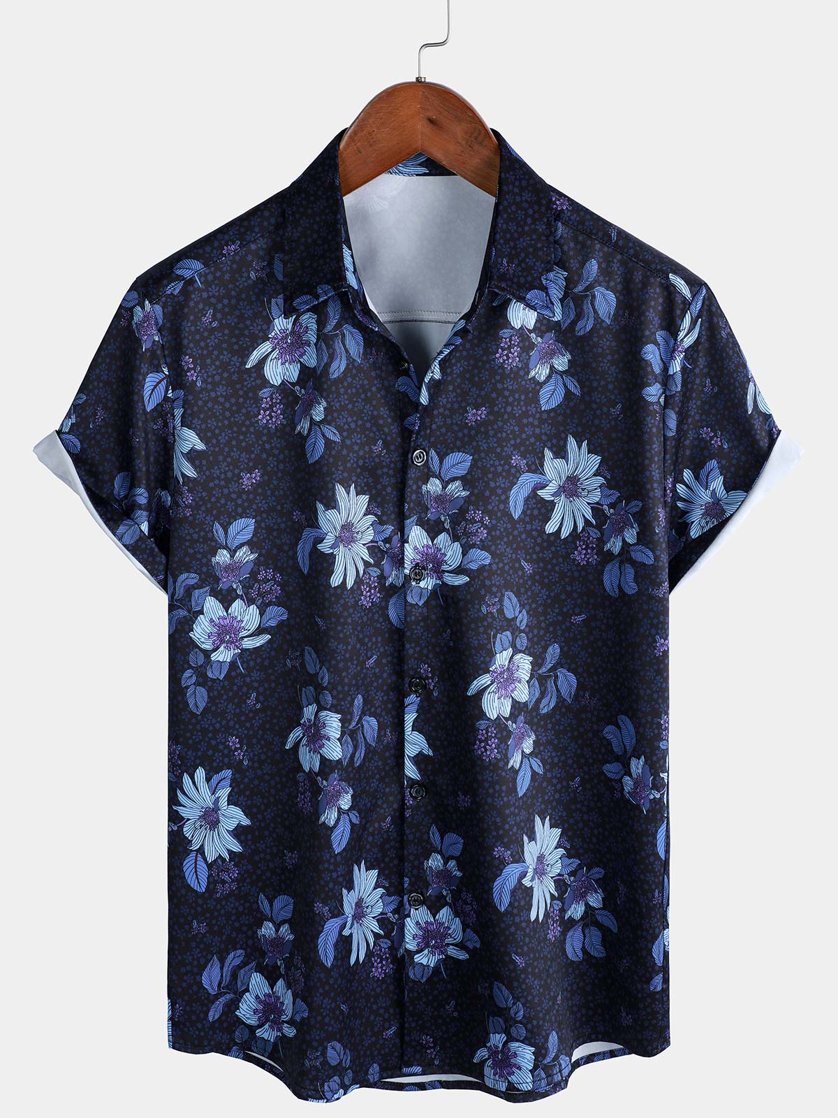 Men's Navy Blue Summer Tropical Floral Holiday Short Sleeve Shirt