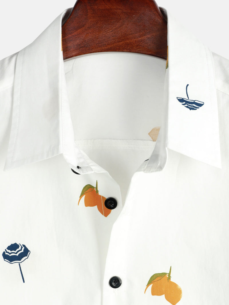 Men's Cotton White Hawaiian Button Up Beach Holiday Summer Short Sleeve Shirt