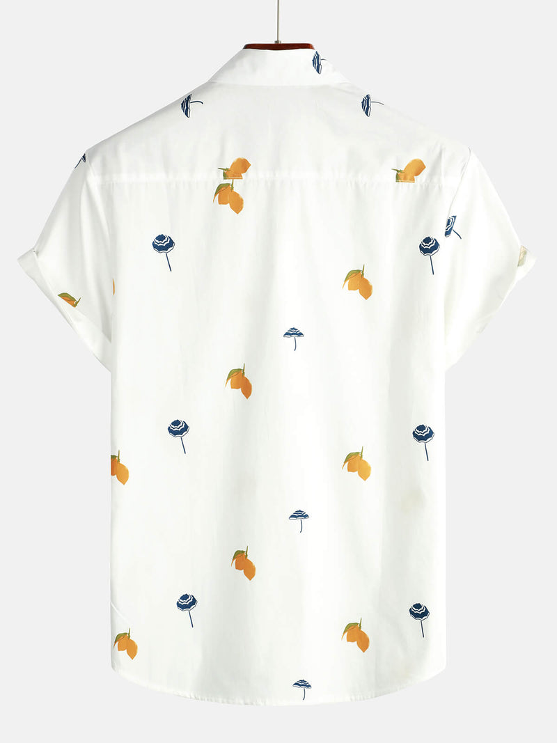 Men's Cotton White Hawaiian Button Up Beach Holiday Summer Short Sleeve Shirt