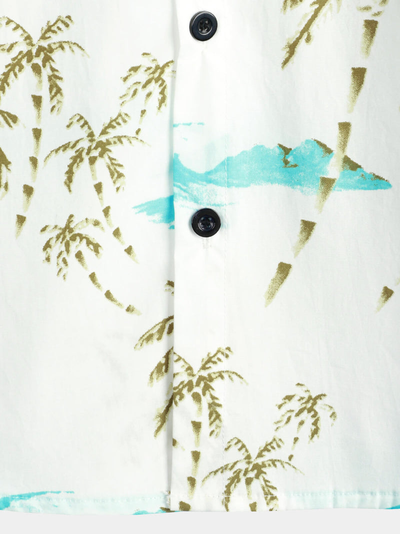 Men's Cotton Island And Palm Tree Print White Button Short Sleeve Beach Shirt