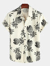 Men's Cotton Pineapple Print Summer Hawaiian Beach Beige Button Up Short Sleeve Shirt