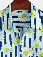 Men's Cotton Blue Striped Daisy Floral Print Pocket Collared Short Sleeve Summer Button Up Shirt