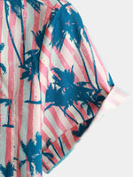 Men's Pink Striped Palm Tree Print Cotton Pocket Summer Short Sleeve Camp Collared Shirt