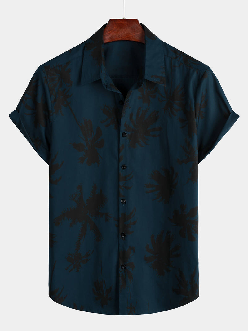 Men's Palm Tree Print 100% Cotton Navy Blue Short Sleeve Hawaiian Collared Shirt