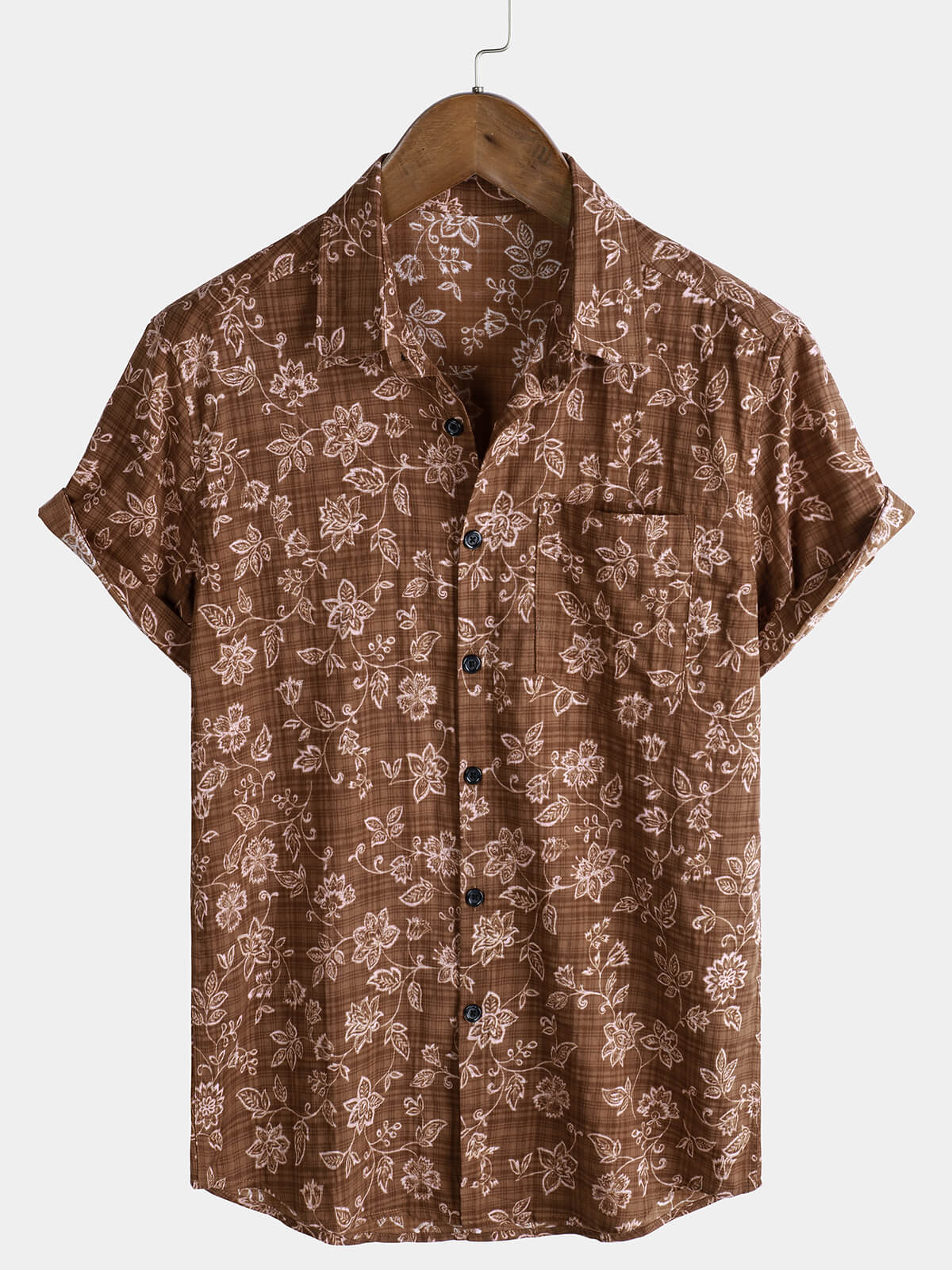 Men's Brown Vintage Floral Breathable Cotton Short Sleeve Shirt