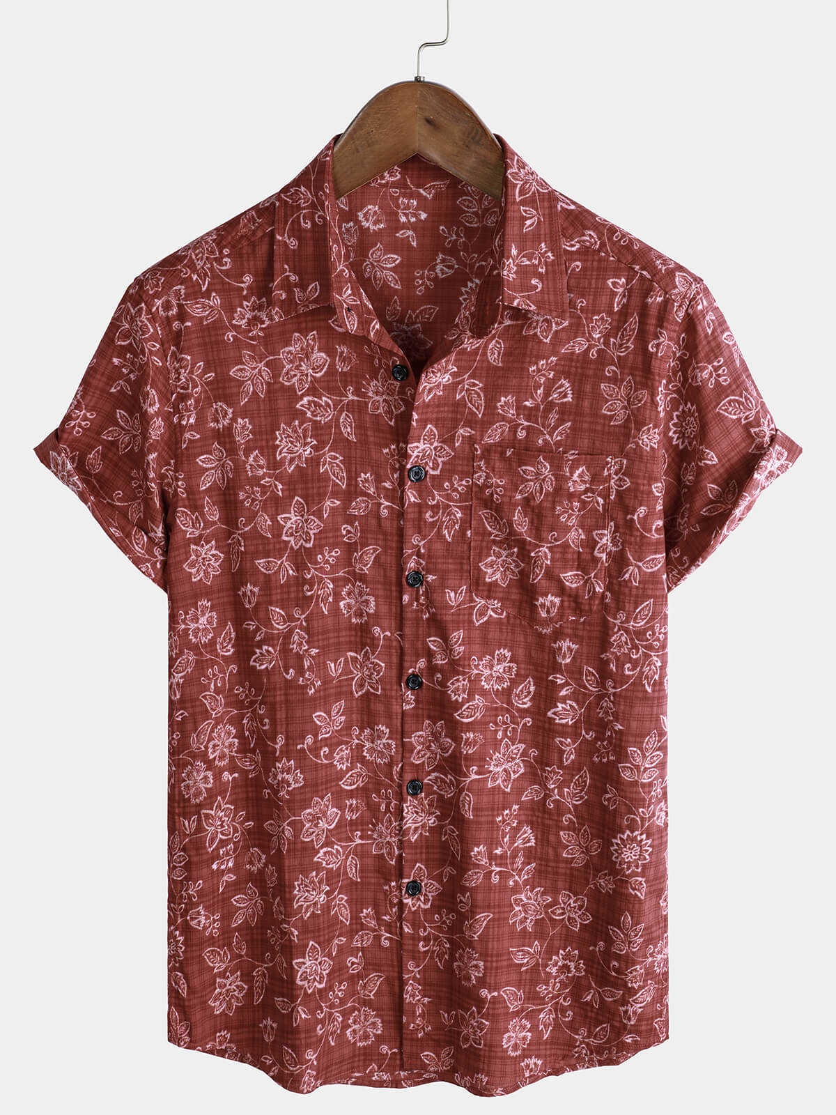 Men's Red Vintage Floral Breathable Cotton Short Sleeve Shirt