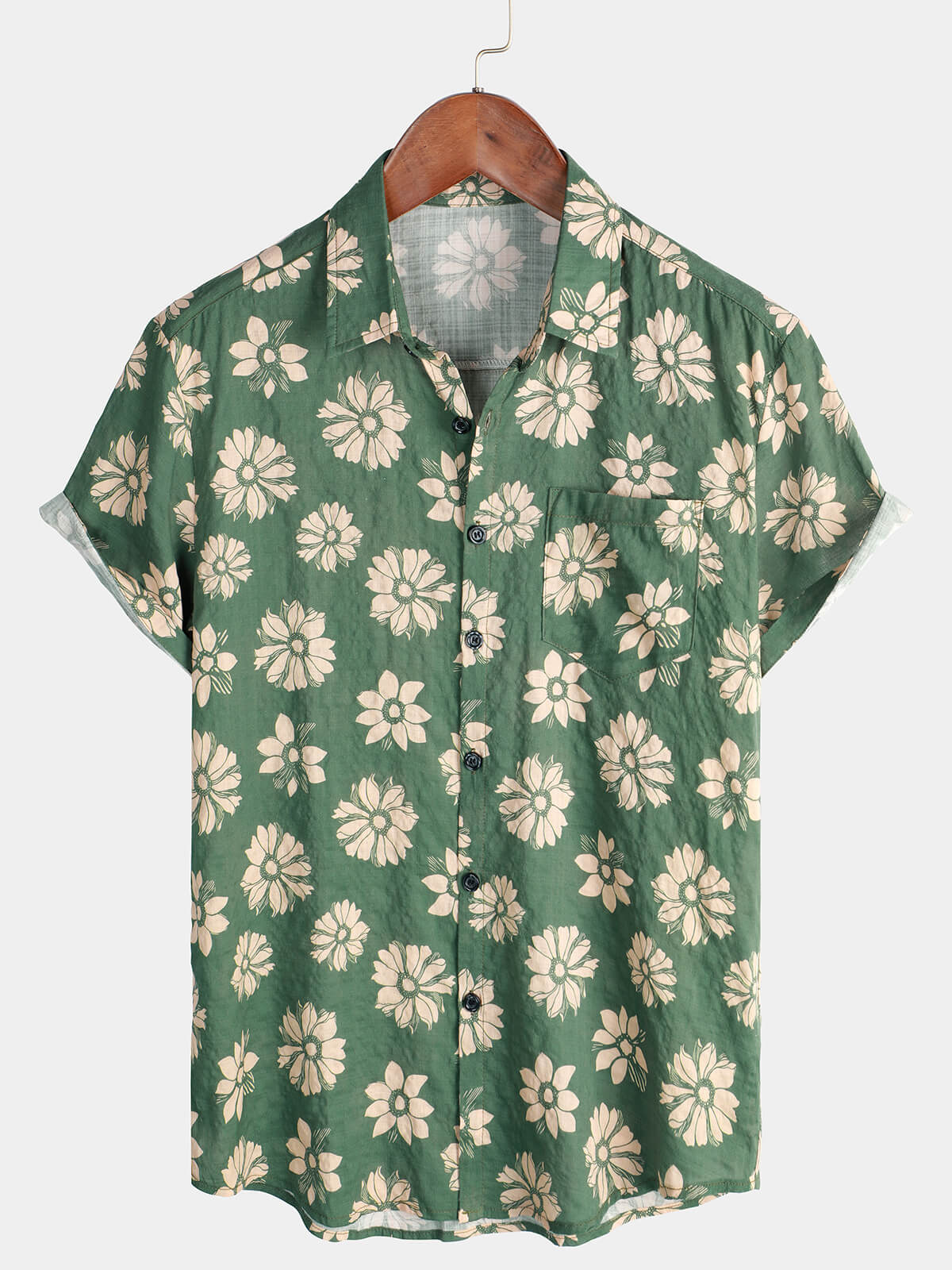 Men's Green Floral Hawaiian Short Sleeve Button Holiday Summer Shirt