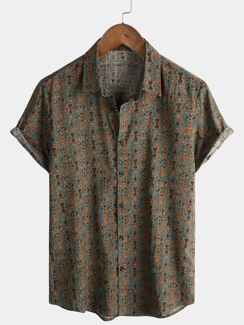 Bundle Of 4 | Men's Vintage Paisley Print 70s Button Up Boho Retro Tribal Short Sleeve Shirt